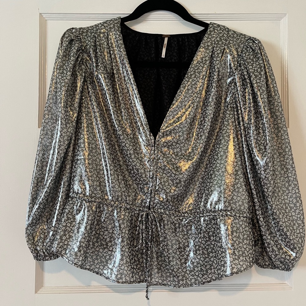 Free People Metallic Floral 3/4 Sleeve, Peplum Style Blouse